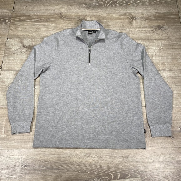 BOSS Pullover Sweater Mens Large Gray Quarter Zip Long Sleeve Casual Lightweight - Picture 1 of 10